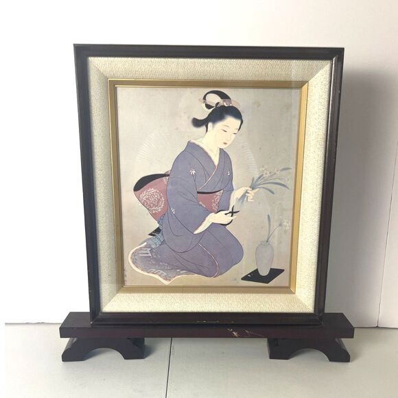 VTG Japanese Wall Decor Art Print Kimono Ikebana Flowers Framed Geisha Sign Seal - Picture 1 of 13